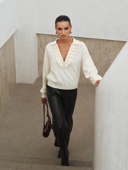 Fırfırlı Yaka V Yaka Örgü Üst