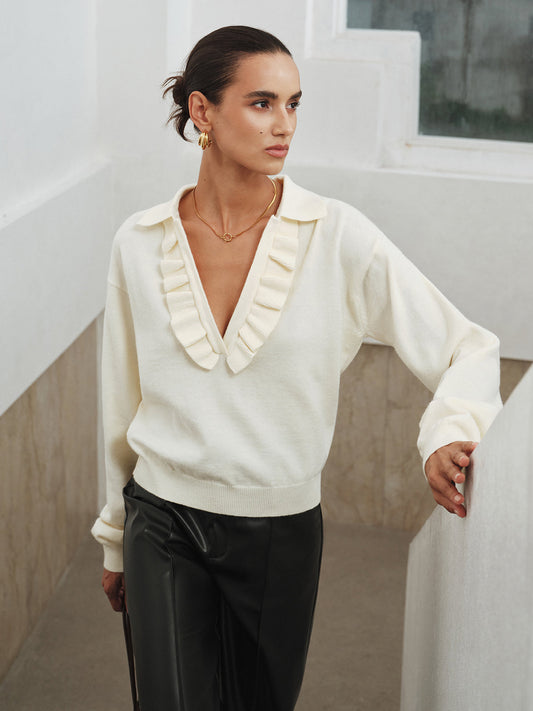 Fırfırlı Yaka V Yaka Örgü Üst