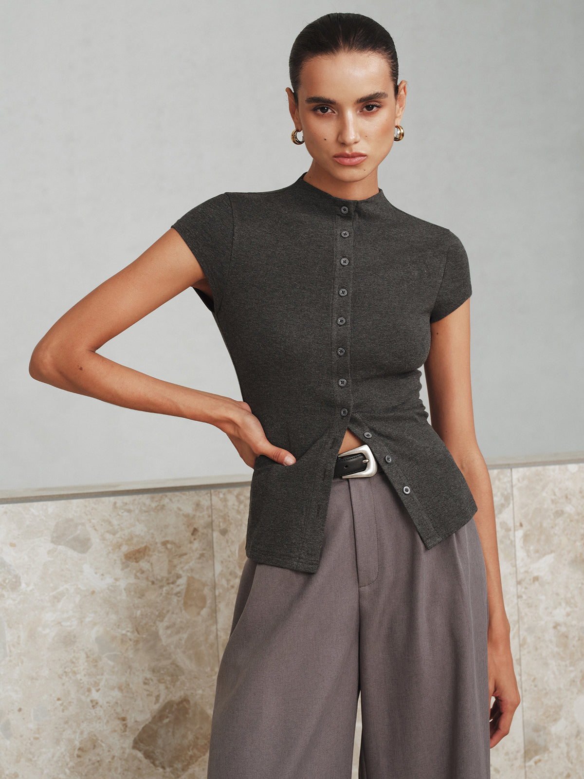 Balıkçı Yaka Kısa Kollu Düğmeli Tişört