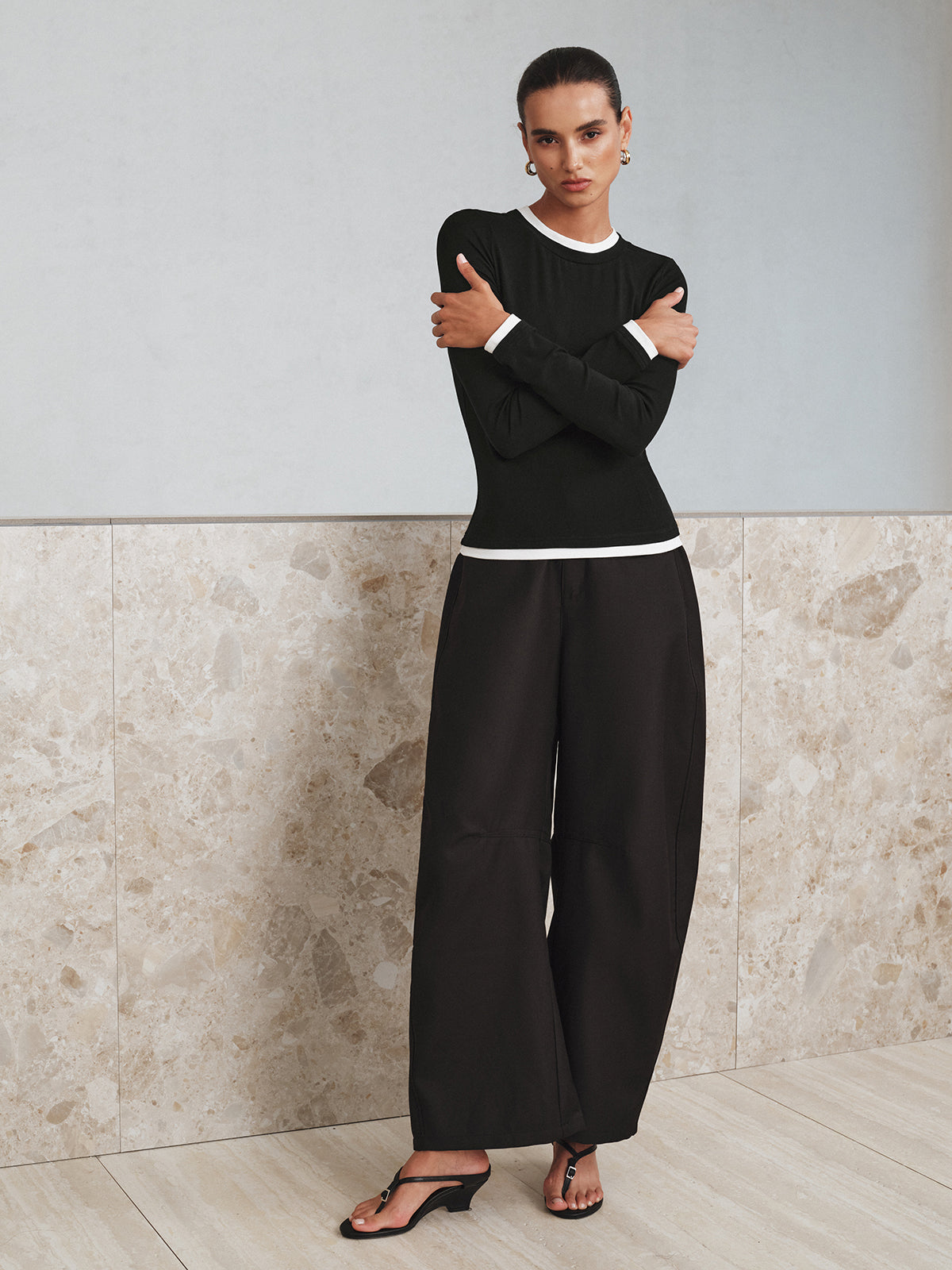 Kontrast Kesim Uzun Kollu Tişört