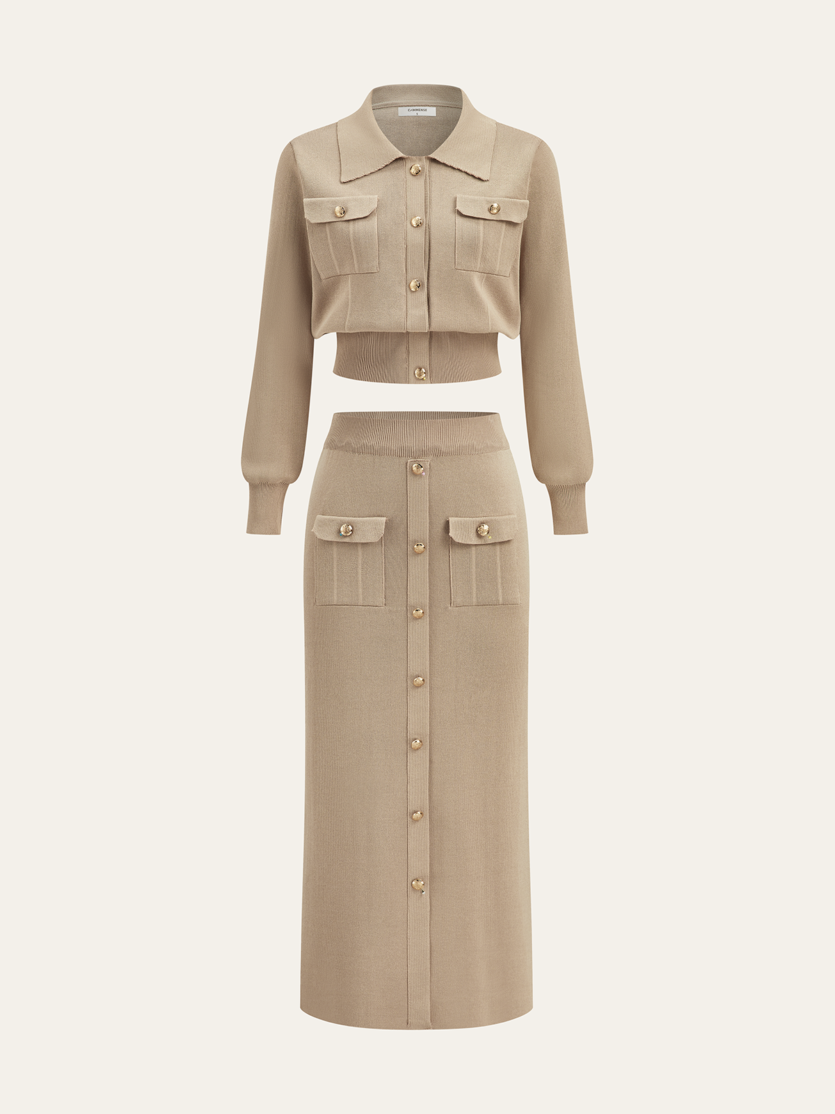 Metal Düğmeli Yakalı Hırka ve Midi Etek Takımı