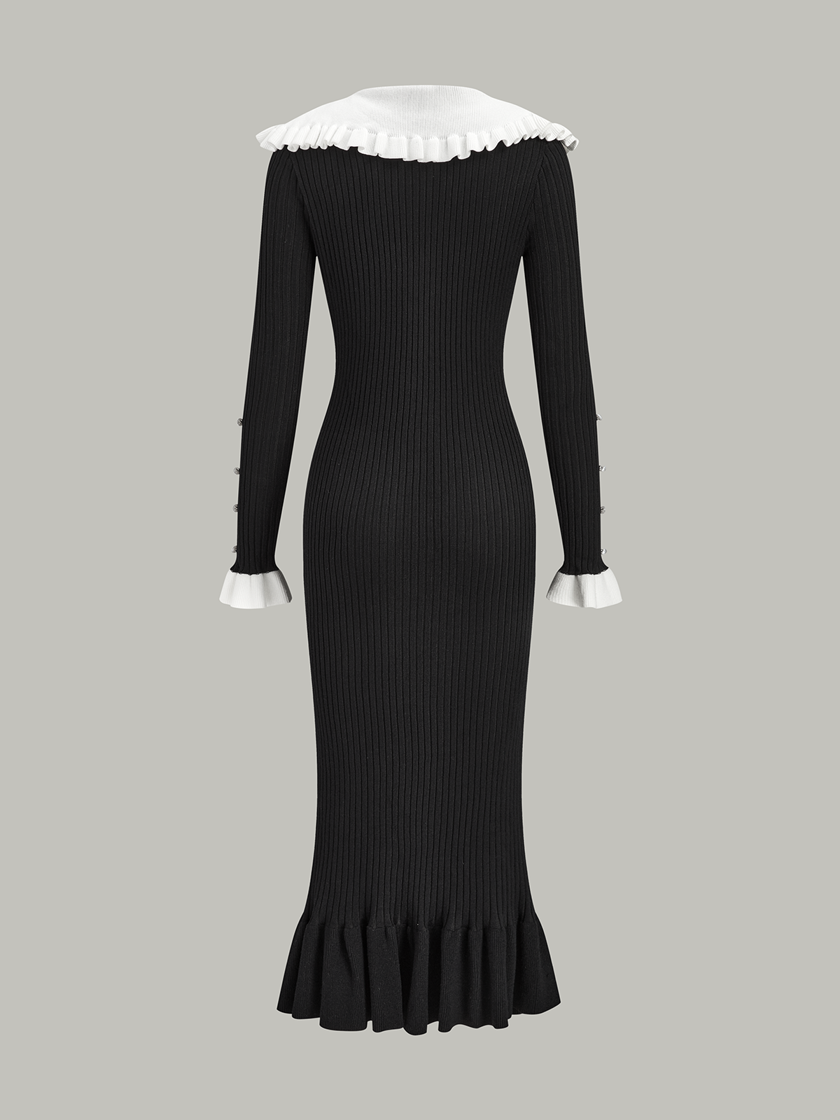 Kontrast Fırfırlı Yaka Örgü Midi Elbise