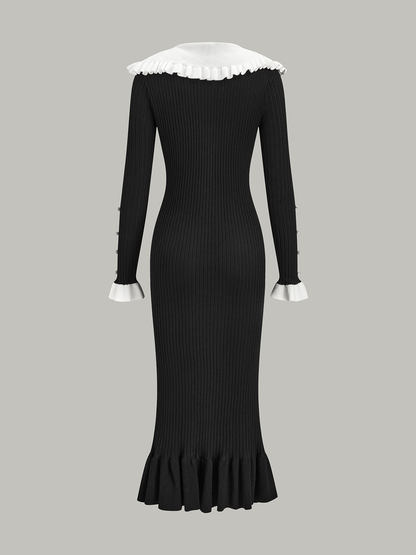 Kontrast Fırfırlı Yaka Örgü Midi Elbise