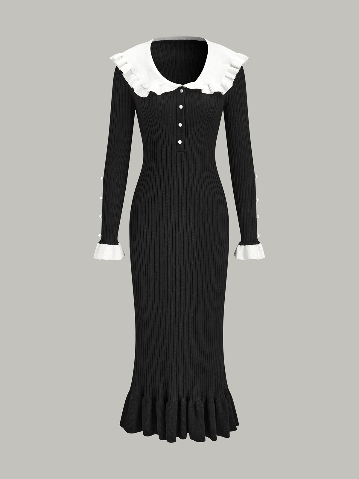 Kontrast Fırfırlı Yaka Örgü Midi Elbise