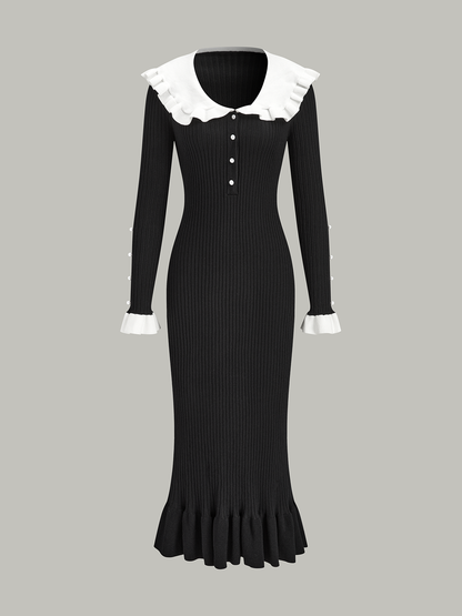 Kontrast Fırfırlı Yaka Örgü Midi Elbise