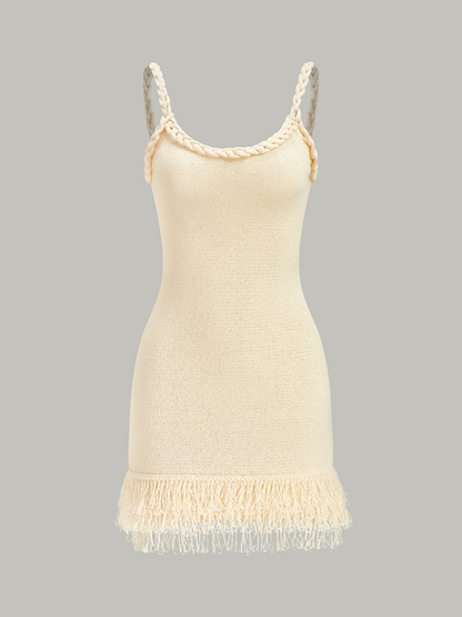 Örgülü Halat Askılı Saçaklı Etek Ucu Kazak Elbise