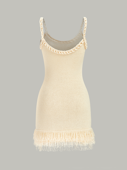 Örgülü Halat Askılı Saçaklı Etek Ucu Kazak Elbise