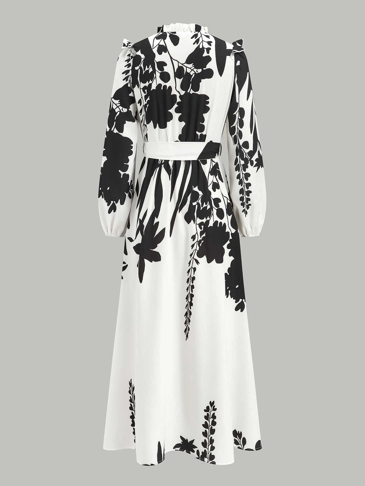 Volanlı Yakalı Kemerli Çiçek Desenli Uzun Elbise