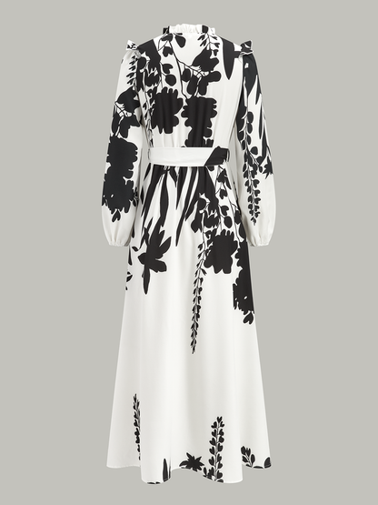 Volanlı Yakalı Kemerli Çiçek Desenli Uzun Elbise