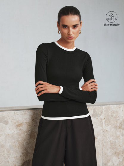 Kontrast Kesim Uzun Kollu Tişört