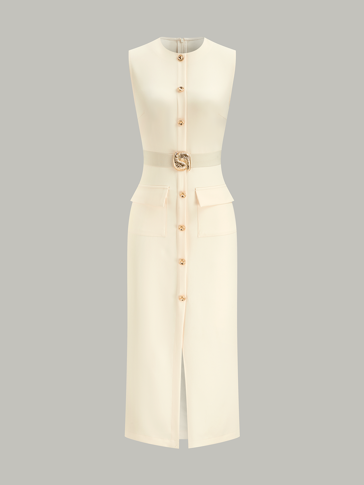 Önü Düğmeli Kemerli Uzun Elbise