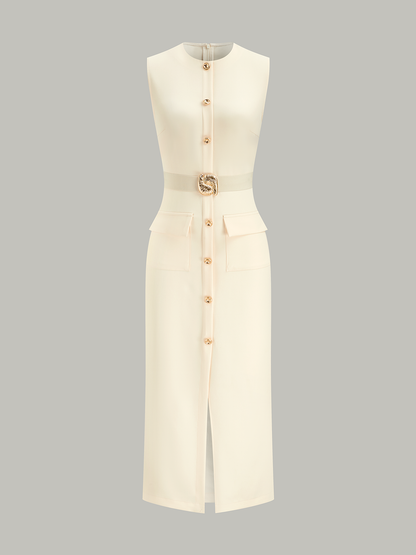 Önü Düğmeli Kemerli Uzun Elbise