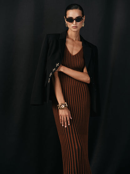 Yün Karışımlı Çizgili Örme V Yaka Midi Elbise