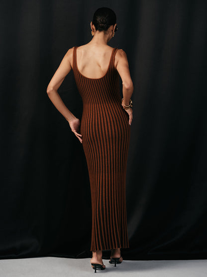 Yün Karışımlı Çizgili Örme V Yaka Midi Elbise