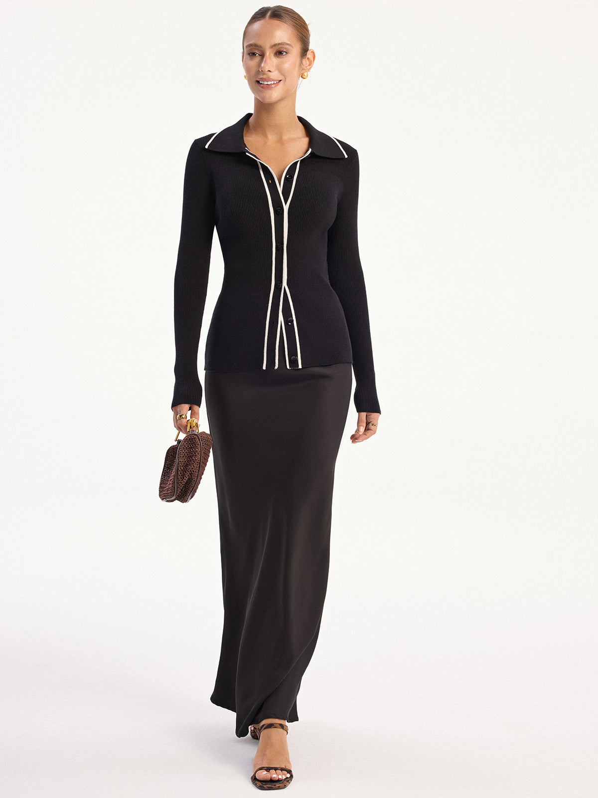 Kontrast Kesimli Polo Yaka Örgü Hırka