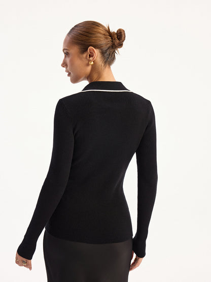 Kontrast Kesimli Polo Yaka Örgü Hırka