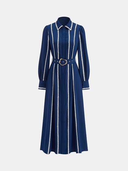 Kontrast Dantel Kenarlı Kemerli Gömlek Elbise