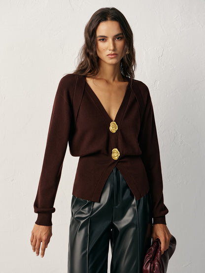Metal Düğmeli V Yaka Örgü Hırka