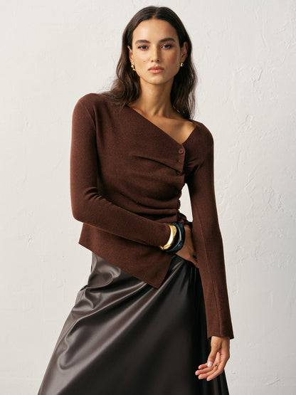 Yün Karışımlı Asimetrik Büzgülü Yan Düğmeli Hırka