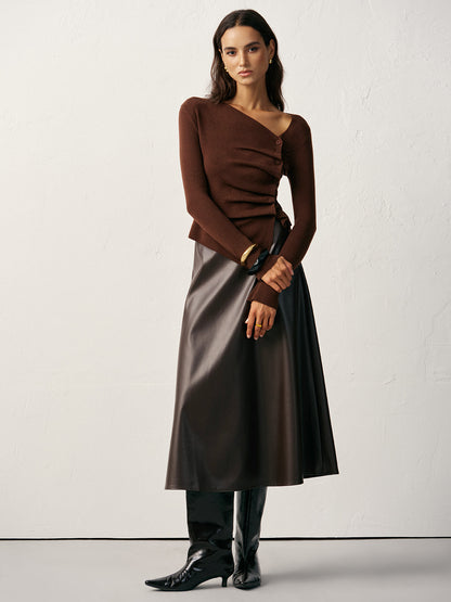 Yün Karışımlı Asimetrik Büzgülü Yan Düğmeli Hırka