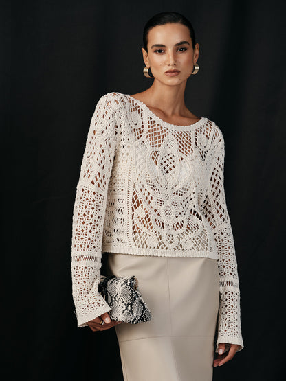 Pamuklu Tığ İşi Uzun Kollu Örgü Üst