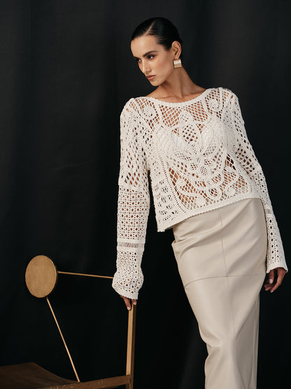 Pamuklu Tığ İşi Uzun Kollu Örgü Üst