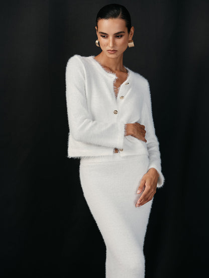 Kabarık Metal Düğmeli Hırka ve Etek Takımı