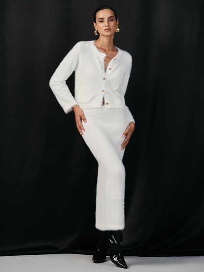 Kabarık Metal Düğmeli Hırka ve Etek Takımı