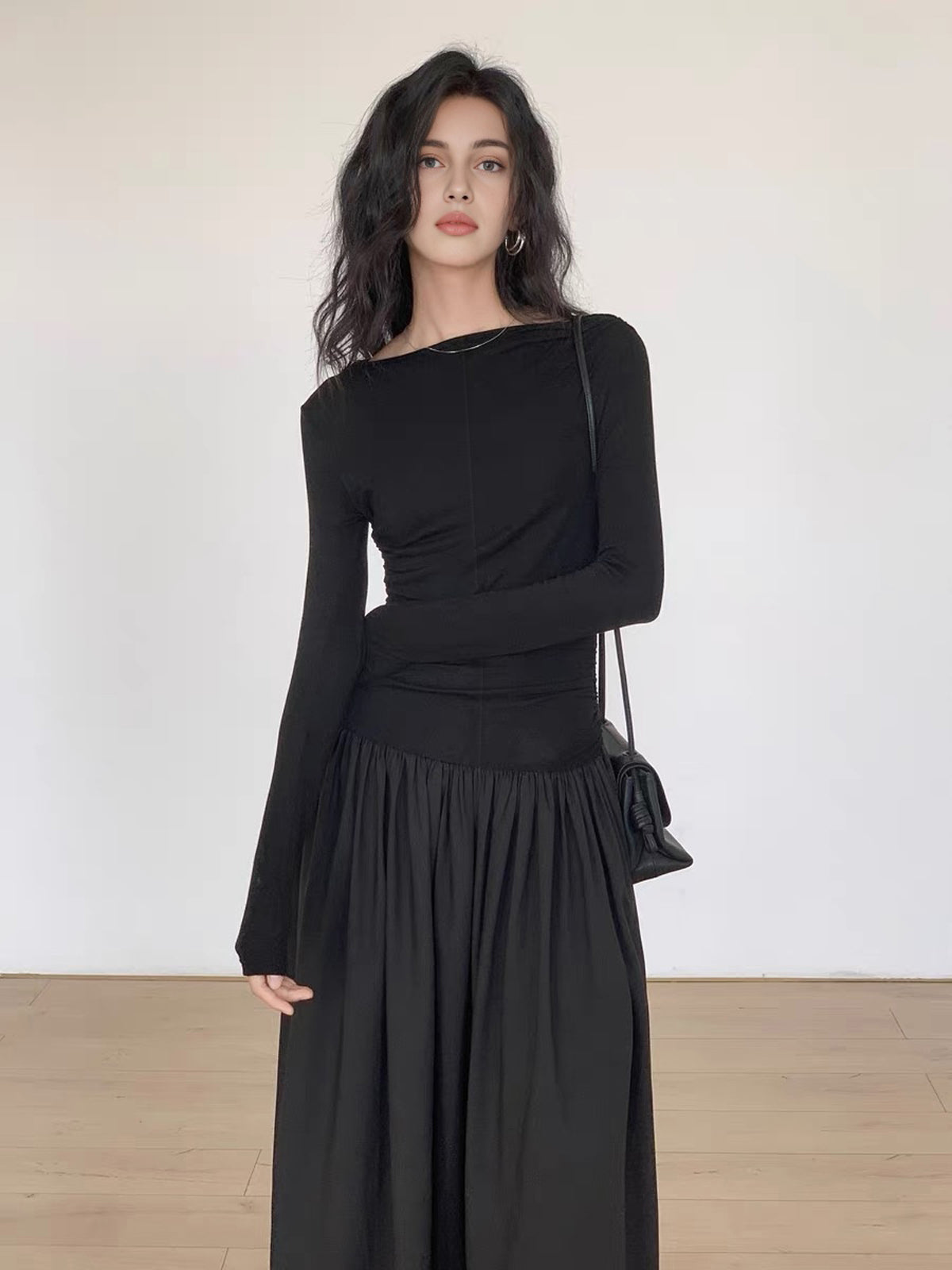 Pileli Patchwork Uzun Kollu Midi Elbise