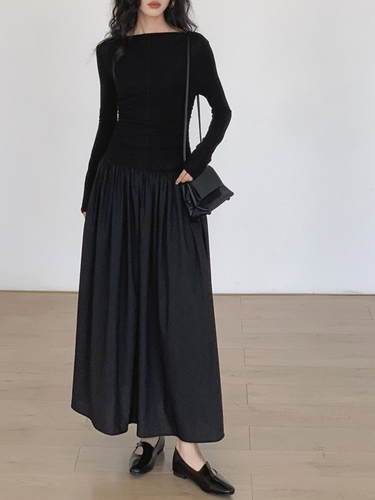 Pileli Patchwork Uzun Kollu Midi Elbise