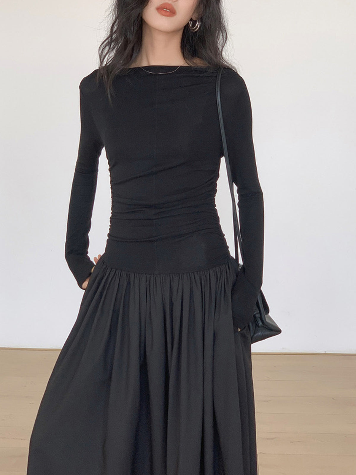 Pileli Patchwork Uzun Kollu Midi Elbise