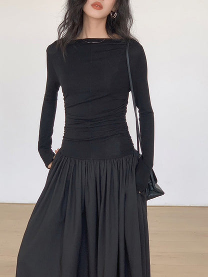 Pileli Patchwork Uzun Kollu Midi Elbise