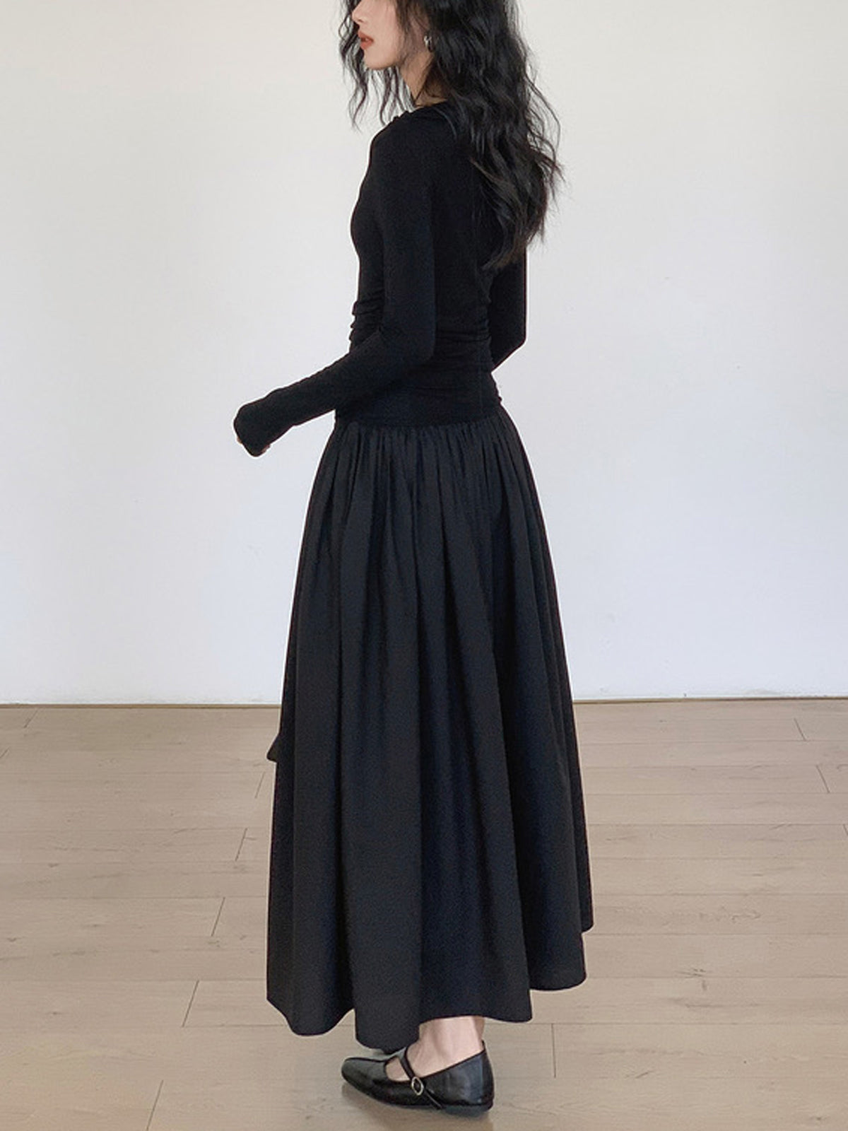 Pileli Patchwork Uzun Kollu Midi Elbise