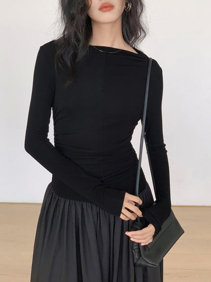 Pileli Patchwork Uzun Kollu Midi Elbise