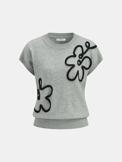 Çiçek Aplikeli Kısa Kollu Kazak Yelek