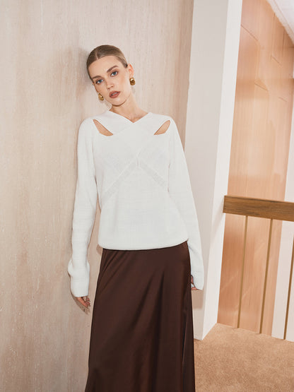 Çapraz Yaka Kesik Örgü Kazak