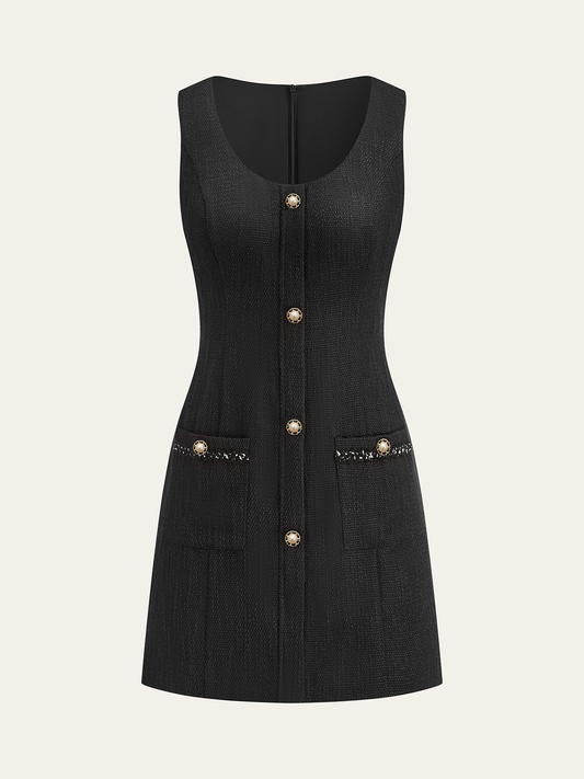 Tweed Kolsuz Düğmeli Mini Elbise