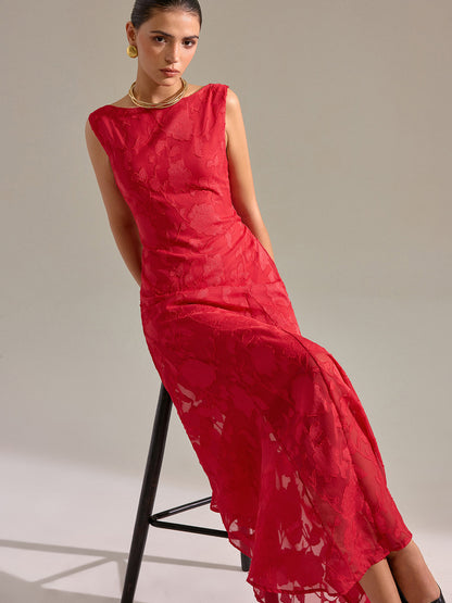 Çiçekli Jakarlı Kolsuz Uzun Elbise