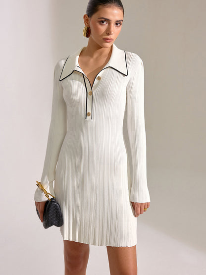 Kontrast Yaka Uzun Kollu Mini Elbise