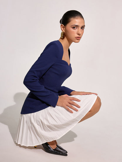 Kontrast Katlı Etek Ucu Kare Yaka Mini Elbise