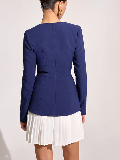 Kontrast Katlı Etek Ucu Kare Yaka Mini Elbise