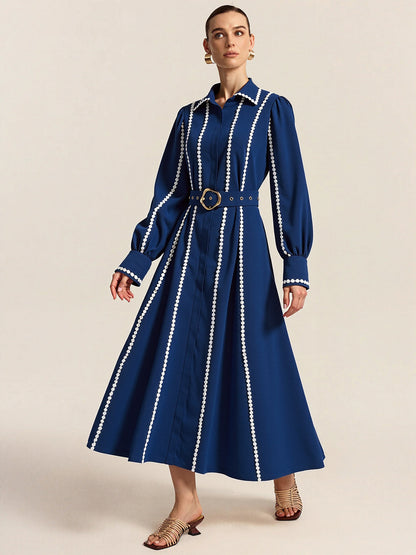 Kontrast Dantel Kenarlı Kemerli Gömlek Elbise