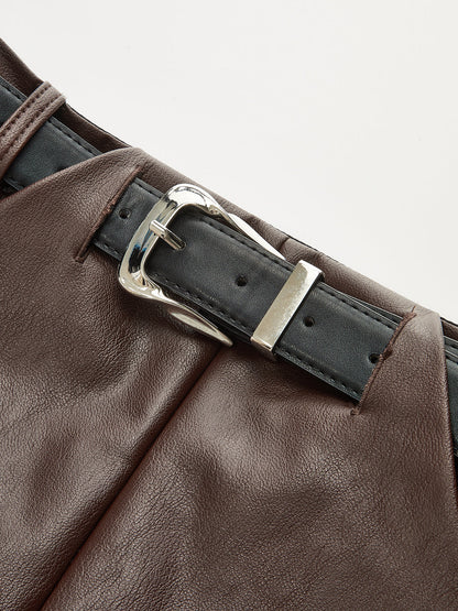 PU Deri Kemerli Mini Etek