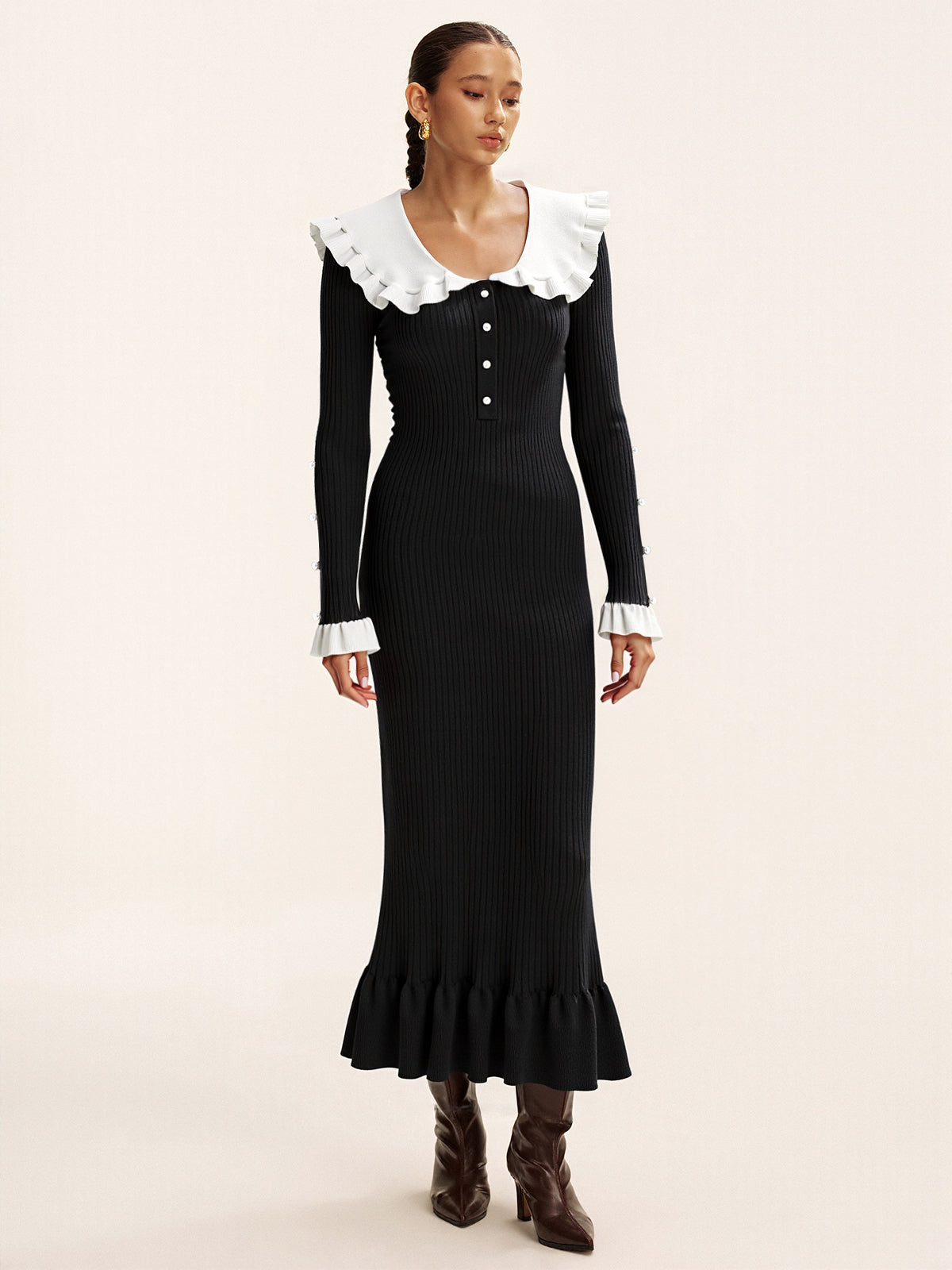 Kontrast Fırfırlı Yaka Örgü Midi Elbise