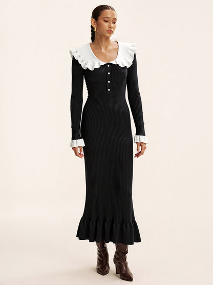 Kontrast Fırfırlı Yaka Örgü Midi Elbise