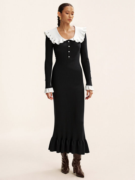 Kontrast Fırfırlı Yaka Örgü Midi Elbise