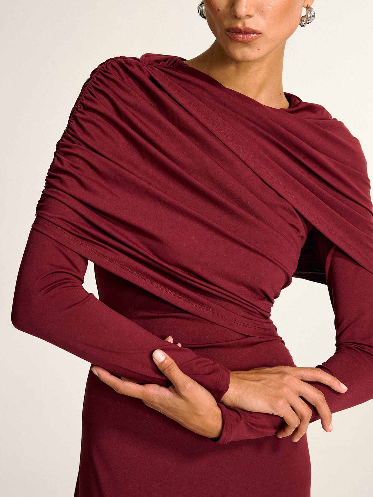 Drapeli Uzun Kollu Maksi Elbise