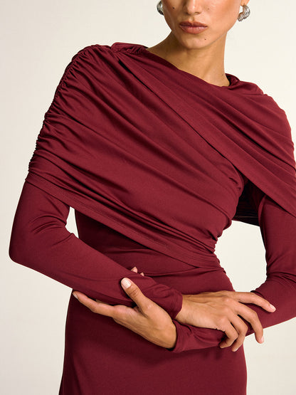 Drapeli Uzun Kollu Maksi Elbise