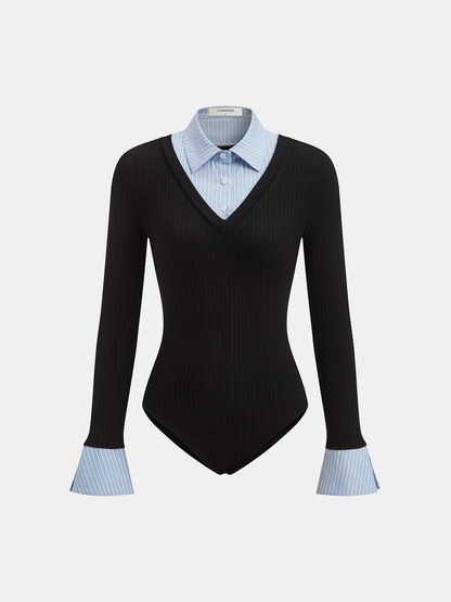 2'si 1 Arada Çizgili Gömlek Paneli Ribanalı Body