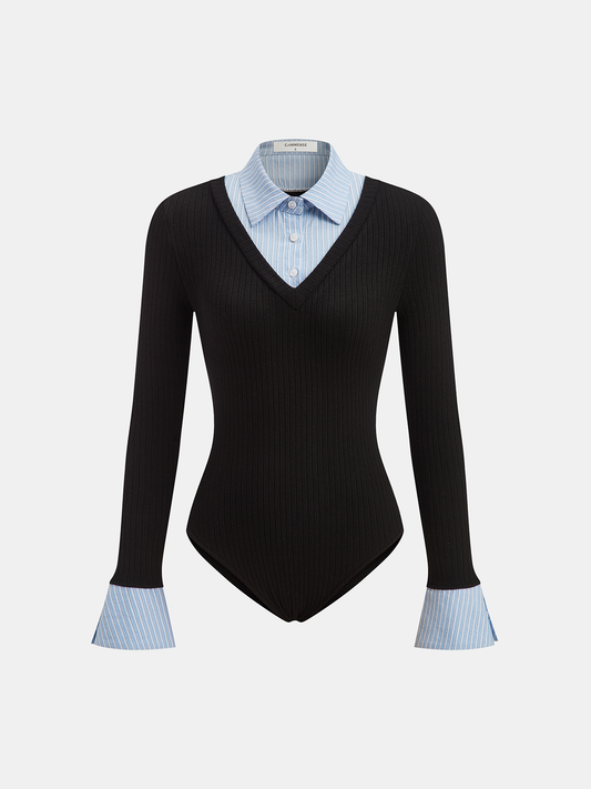 2'si 1 Arada Çizgili Gömlek Paneli Ribanalı Body